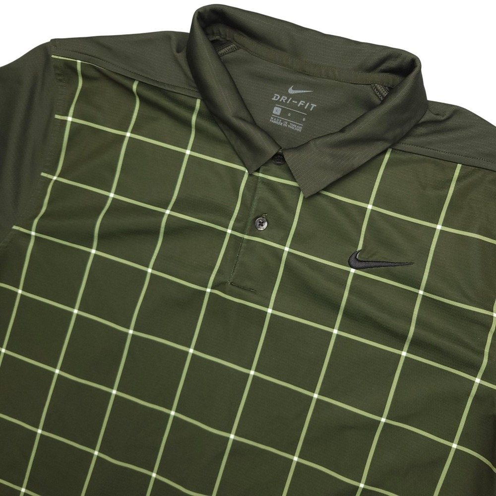 Nike Golf Polo Shirt Mens Large‎ Green Check Dri-FIT Golf Performance Stretch